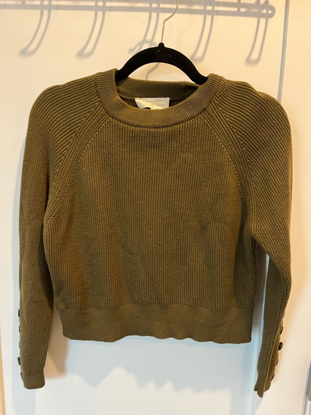 Sezane Olive Ribbed Crewneck Sweater with Buttoned Cuffs
